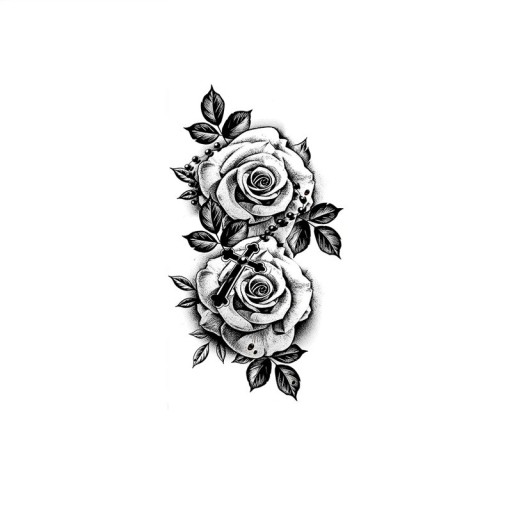 Midlertidig vandtæt tatovering 11,5 x 21 cm To blomstrende roser og en rosenkrans Fint romantisk motiv Holder op til 15 dage Nem at påføre Kropstatovering