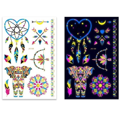 Midlertidige lysende tatoveringsklistermærker med motiv af elefantdrømfangere og mandalaer, der fluorescerer under UV-lys, neon boho tatovering til festivaler
