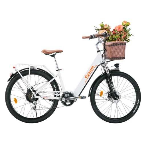 Miejskie elektryczne rowery z ramą step-thru i przednim koszykiem, koła 26 cali, bateria 36V 10Ah, zasięg 90 km, 7 biegów, silnik 250 W