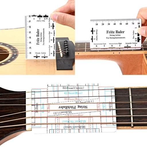 Miernik wysokości strun gitarowych 8,5 x 5,4 cm Obustronna wielofunkcyjna linijka PVC do gitary i basówki Karta ze specyfikacjami na gryf i menzurę