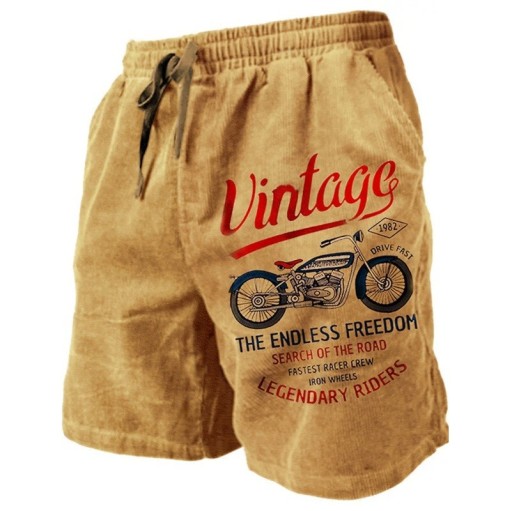Miesten hengittävät kesäshortsit, joissa on vintage-moottoripyöräkuvio. Kevyet ja väljät istuvuudet, joissa kiristysnyöri. Tyylikkäät ja mukavat shortsit vapaa-aikaan ja matkoille.