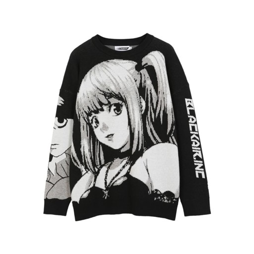 Miesten musta neule Japenilainen tyyli Anime Tyttö Neulottu neule anime-tytön printillä Tyylikäs katumuoti neule Polyesteri