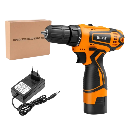 Mini akku borrmaskin 16,8V, vridmoment 22 N.m, varvtal 1350/min, chuck 10 mm, 25 vridmomentinställningar, orange-svart, med batteri