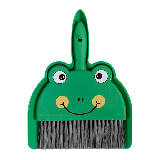 Mini Broom with Dustpan 23 x 18 cm Green Frog with Cartoon Face PP PET Cleaning Set for Household Kitchen Bathroom Children's Room
