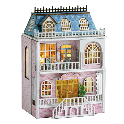 Mini casa de madeira para bonecas 8,9 x 6,8 x 13 cm modelo DIY com luz e móveis Kit de montagem Decoração sem cola e pilhas Presente