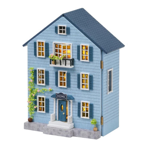 Mini dřevěný domeček pro panenky 10 x 5,4 x 12,8 cm DIY stavebnice se světlem a nábytkem Ručně sestavitelný model Dekorace bez lepidla a baterií