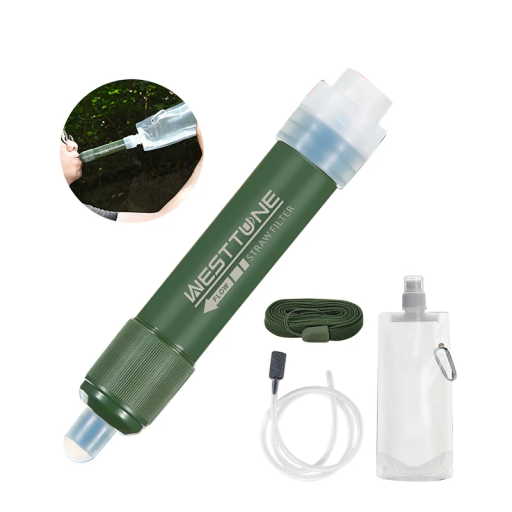Mini filtro d'acqua per sopravvivenza 0,01 microni con sacca da 500ml Tubo in silicone 60cm Purificatore d'acqua Portatile Campeggio Escursionismo Viaggio