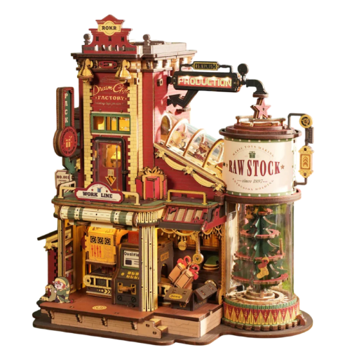 Mini Gift Factory 24.4 x 16.3 x 25.6 cm Wooden Construction Kit with LED Lighting Music and Touch Control Fantasy Workshop DIY Model