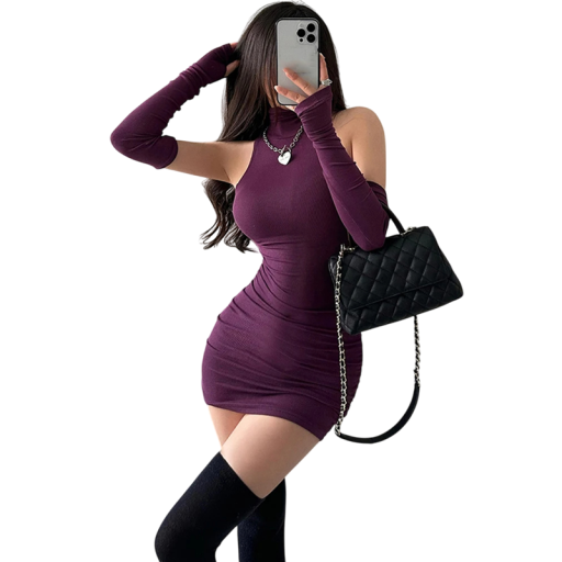 Mini-jurk met hoge kraag en blote schouders Aparte lange mouwen Sexy bodycon-snit Elegante avondjurk Elastisch materiaal