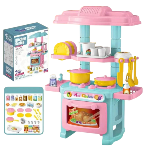 Mini kinderkeuken 27 x 20 x 12,5 cm DIY roze/blauwe speelset met servies Simulatie koken plastic speelgoed voor meisjes en jongens vanaf 3 jaar