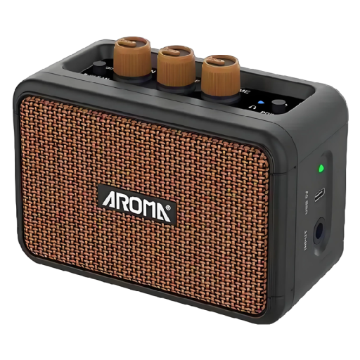 Mini kytarový zesilovač bezdrátový s Bluetooth, ovládáním Gain/Tone/Volume, 3,5mm jack pro sluchátka a USB C nabíjení 12,5x6,5x9 cm