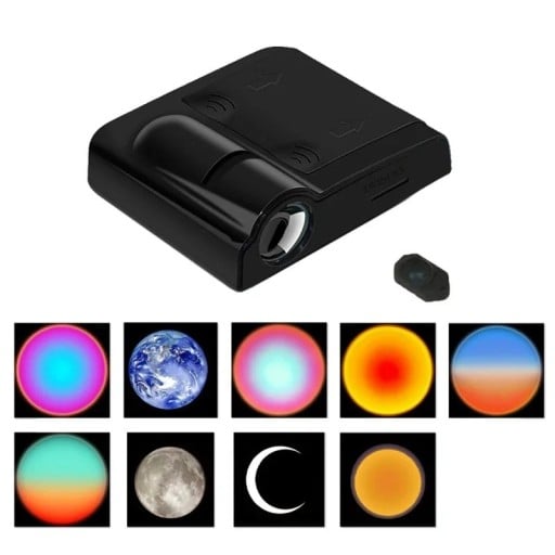 Mini LED projektor nočnej oblohy s 9 filmami, 27 x 63 x 65 mm, napájanie 3x AAA batérie, motívy planét a farieb aury, dekorácia interiéru