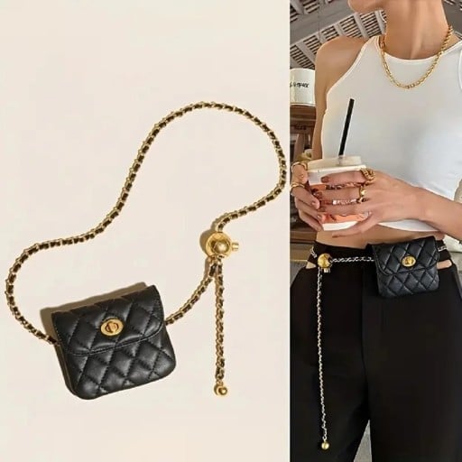 Mini ledvinka preta ou branca 10 x 9 cm com corrente Bolsa elegante para a cintura e ombro Carteira de moda Crossbody Corrente removível