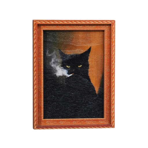 Mini magnetka portrét černé kočky s cigaretou 8x6 cm dekorativní magnet na lednici obraz v rámu černá kočka oranžové pozadí