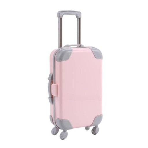 Mini mala de viagem para boneca em quatro rodas com pega para puxar Plástico rosa claro com cantos cinzentos Dimensões 13,5 x 8 cm