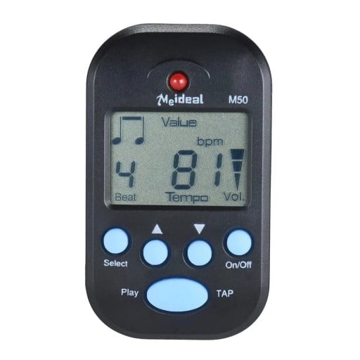 Mini metronomo digital 12 x 8 x 3 cm com display LCD 0–9 tempos Tempo 30–280 bpm Função TAP Clip e orifício para cordão saída de 3,5mm
