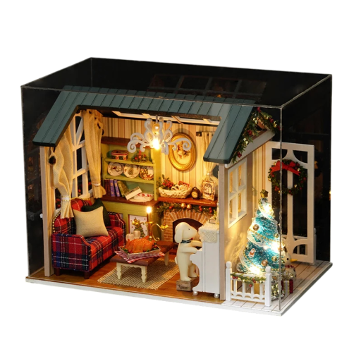 Mini poppenhuis met kerstdecoratie 21 x 12,5 x 15,5 cm LED miniatuur bouwset met meubels en hoes Realistisch verlicht kerstmodel decoratie