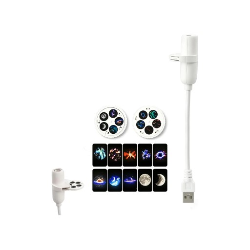 Mini projecteur USB ciel étoilé 10 motifs 2 disques interchangeables Col flexible 185 mm Rotation à 360° LED 3 W Blanc Veilleuse pour chambre