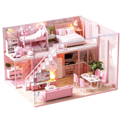 Mini-Puppenhaus aus Holz, 24,5 x 20,5 x 15,6 cm, DIY-Bausatz mit Möbeln und Abdeckung, handmontiertes Modell, Miniatur-3D-Puzzle, Spielzeug, Geschenk