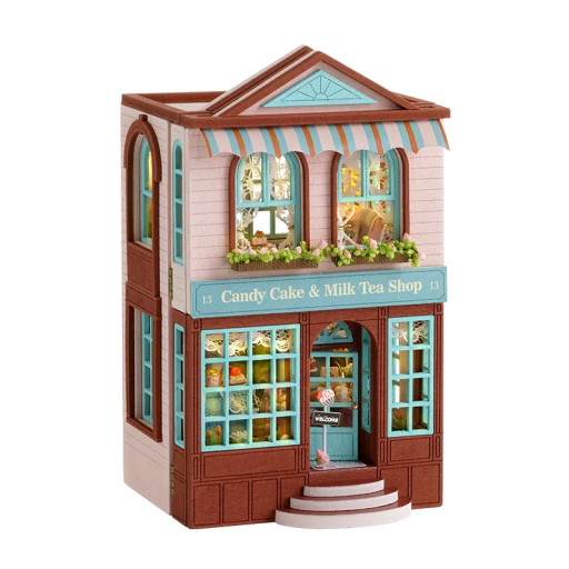 Mini-Puppenhaus aus Holz 8,4 x 6,8 x 13 cm DIY-Modell mit Licht und Möbeln Handmontierter Bausatz Dekoration ohne Kleber und Batterien