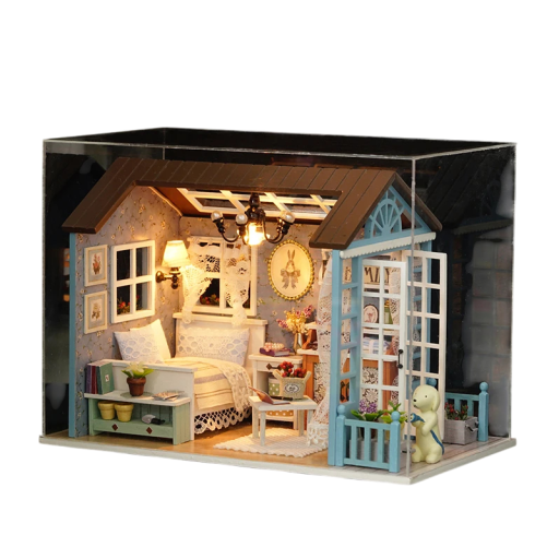 Mini-Puppenhaus mit Hund 21 x 12,5 x 15,5 cm Miniatur-LED-Bausatz mit Möbeln und Abdeckung Realistisches beleuchtetes Modell eines dekorativen Hauses