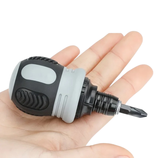 Mini račňový skrutkovač s trojcestným prepínaním režimu, výmennou hlavicou a protišmykovou rukoväťou o rozmere 78 x 41 mm pre presné práce