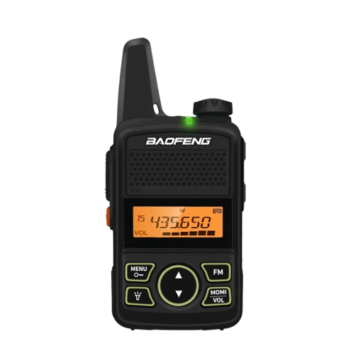 Mini rádióadó Baofeng BF-T1 gyerekeknek 16 csatorna 400-tól 470 MHz-ig 1500 mAh akkumulátorral LED lámpával és ébresztőórával fekete színben kirándulásokhoz és kültéri játékokhoz
