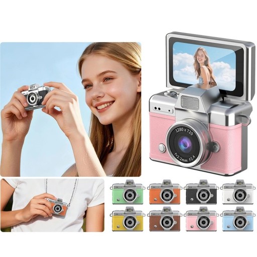 Mini retro fotoaparát na kľúčenku s výklopným displejom otočným o 180° s fotkami aj videom v 720P vstavaným bleskom a batériou 180 mAh
