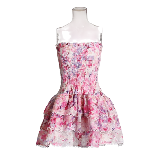 Mini rochie florală de vară fără bretele, cu corset elastic și fustă cu volane în trei straturi Imprimeu roz romantic Trinuri elegante din dantelă