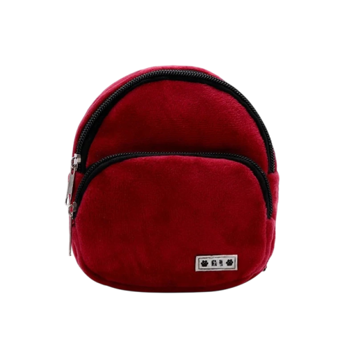 Mini rucsac pentru câini din pluș cu buzunar frontal cu fermoar și compartiment principal, 13,5 x 12 x 6,5 cm, roșu, pentru gustări și mărunțișuri