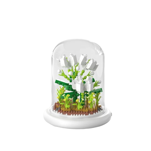 Mini stavebnica biele kvety na svietiacom podstavci av sklenenom poklope 13,5 x 11,7 cm AAA batérie Domáca dekorácia zo stavebnice Detská skladacia hračka 520 dielikov