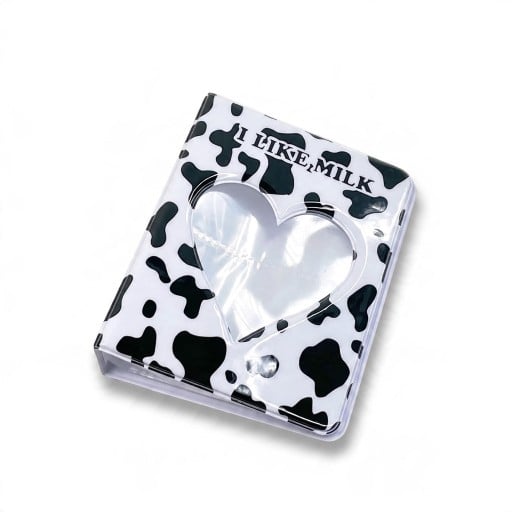 Mini valokuva-albumi 128 sivua 14,8 x 11 cm Lehmäkuvio Mustavalkoinen Sydämenmuotoinen läpinäkyvä ikkuna Valokuville ja valokortteille Lahjaksi