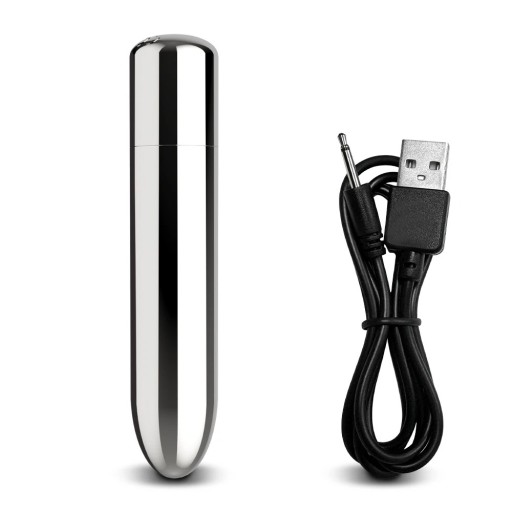 Mini vibrador de metal 10x2 cm en forma de cartucho con 10 modos de vibración y carga USB, embalaje discreto.