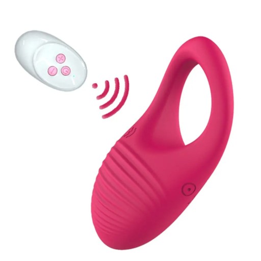 Mini vibrador de silicona rosa con anillo, forma plana, control remoto, carga USB, uso en cuerpo y pene, embalaje discreto.