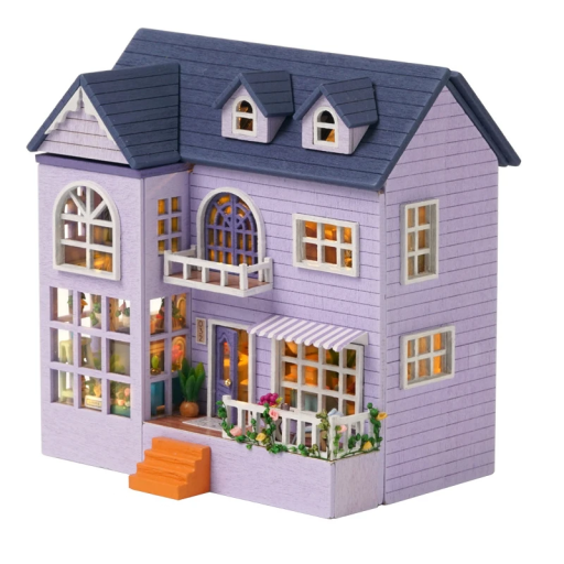 Mini Wooden Dollhouse 8.9 x 7.5 x 9.8 cm DIY Kit with LED Light and Furniture Hand-assembled Model Decoration without Glue and Batteries
