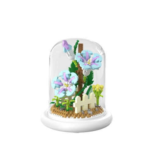 Mini zestaw niebiesko-fioletowe kwiaty na jasnej podstawie i w szklanej pokrywce 13,5 x 11,7 cm bateria AAA Dekoracja domu z zestawu Składana zabawka dla dzieci 500 sztuk