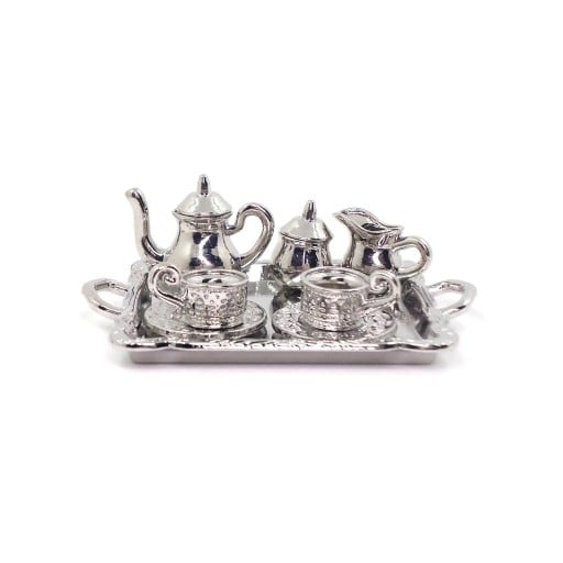 Miniaturisierte metallische Teeservice für Puppen Tablett mit Kanne und zwei Tassen Silberfarbe und reliefartige Verzierung Abmessungen des Tabletts