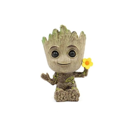 Miniatyyrikeräilyhahmo, pikku Groot ja kukka, 5 x 3,5 cm, pöytäkoriste, pieni kukkaruukku, elokuvahahmo, lahja faneille