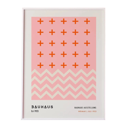 Minimalistinen juliste 20 x 30 cm Vaaleanpunainen geometrinen kuvio punaisilla ristikoilla Bauhaus abstrakti taulu seinälle Kangasprintti