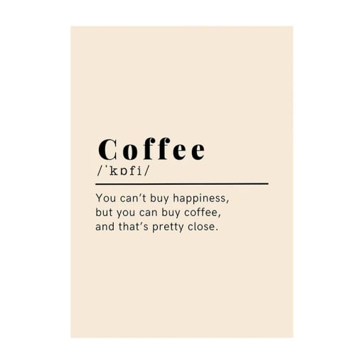 Minimalistisk plakat til væg med kaffemotiv og typografi Coffee 30 × 42 cm tryk på lærred beige udførelse dekoration til hjemmet og café uden ramme