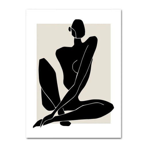 Minimalistisk vægplakat med abstrakt kvindefigur 20 × 30 cm print på lærred sort-beige moderne dekoration uden ramme