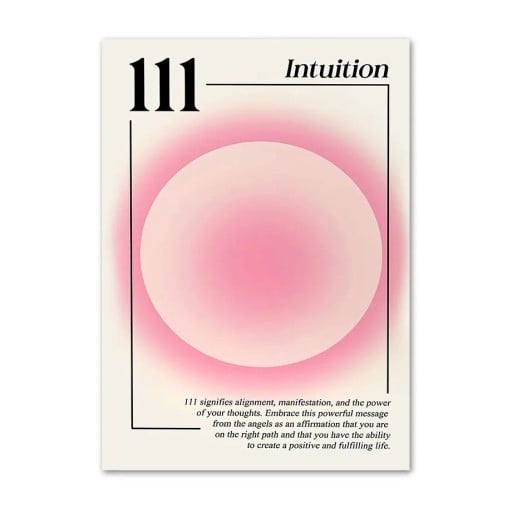 Minimalistisk vægplakat med englenummer 111 og intuition 30 x 40 cm tryk på lærred rosa gradient cirkel uden ramme boligindretning