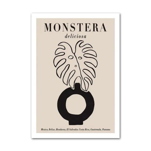 Minimalistisk vægplakat med monstera blad og tekst 20 × 30 cm tryk på lærred sort beige udførelse dekoration til indretning uden ramme