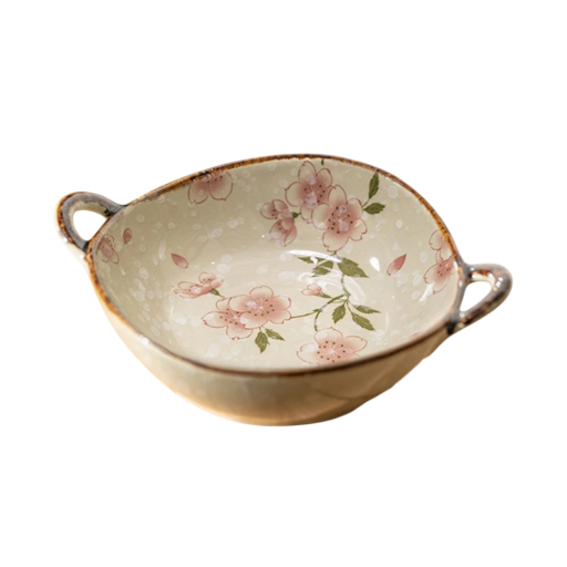 Miskă japoneză pentru tăiței cu model floral roz și frunze 23,5 x 6,5 cm ceramică bej cu mânere pentru servire