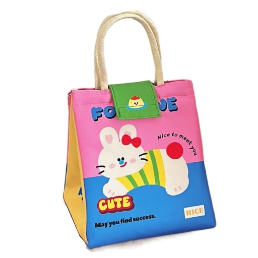 Mittagessen Thermotasche mit Hasenmuster 19x22,5x17 cm Isolierte Kühltasche für Essen mit Aluminiumfolie, Klettverschluss und Druckknöpfen