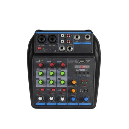 Mixážní pult 4kanálový pro DJ s Bluetooth a USB 48 V fantomové napájení monitorovací systém a audio systém černý na karaoke