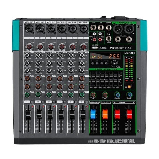 Mixážní pult 6kanálový pro DJ s Bluetooth a USB 48 V fantomové napájení 256 DSP efektů 7pásmový ekvalizér černý na karaoke