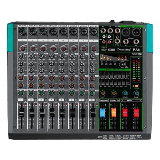 Mixážní pult 8kanálový pro DJ s Bluetooth a USB 48 V fantomové napájení 256 DSP efektů 7pásmový ekvalizér černý na karaoke