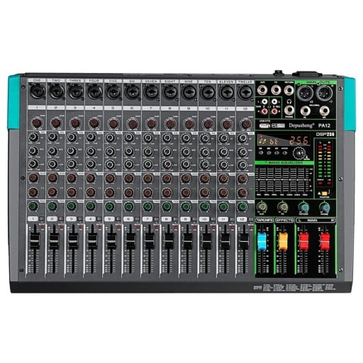 Mixážny pult 12kanálový pre DJ s Bluetooth a USB 48 V fantómové napájanie 256 DSP efektov 7pásmový ekvalizér čierny na karaoke