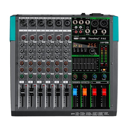 Mixer audio cu 6 canale pentru DJ cu Bluetooth și USB, alimentare fantomă de 48 V, 256 efecte DSP, egalizator pe 7 benzi, negru pentru karaoke